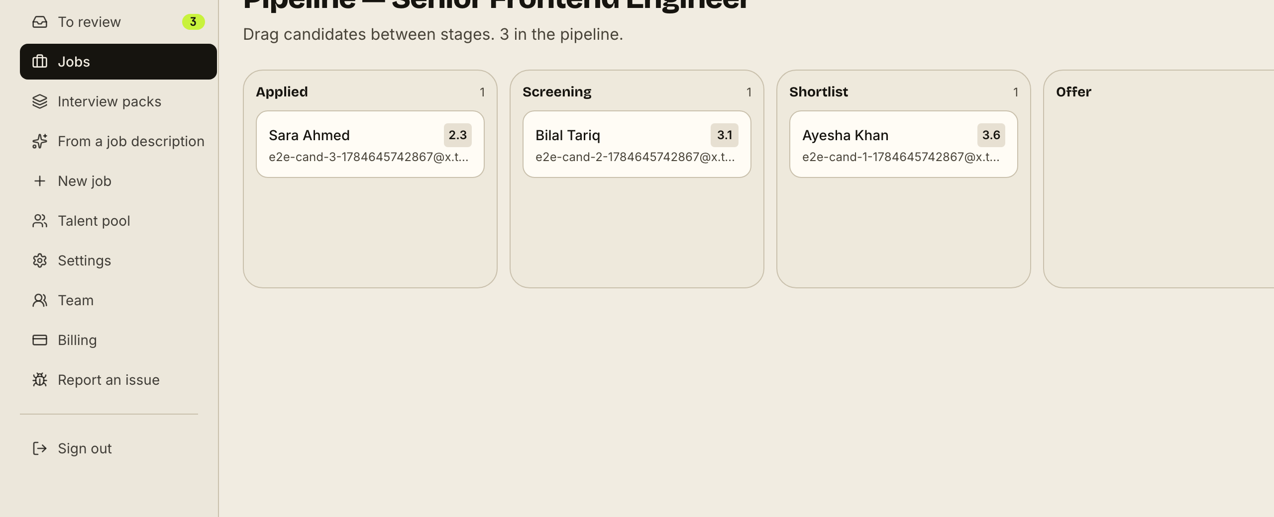 Hiring pipeline view in Gaugely